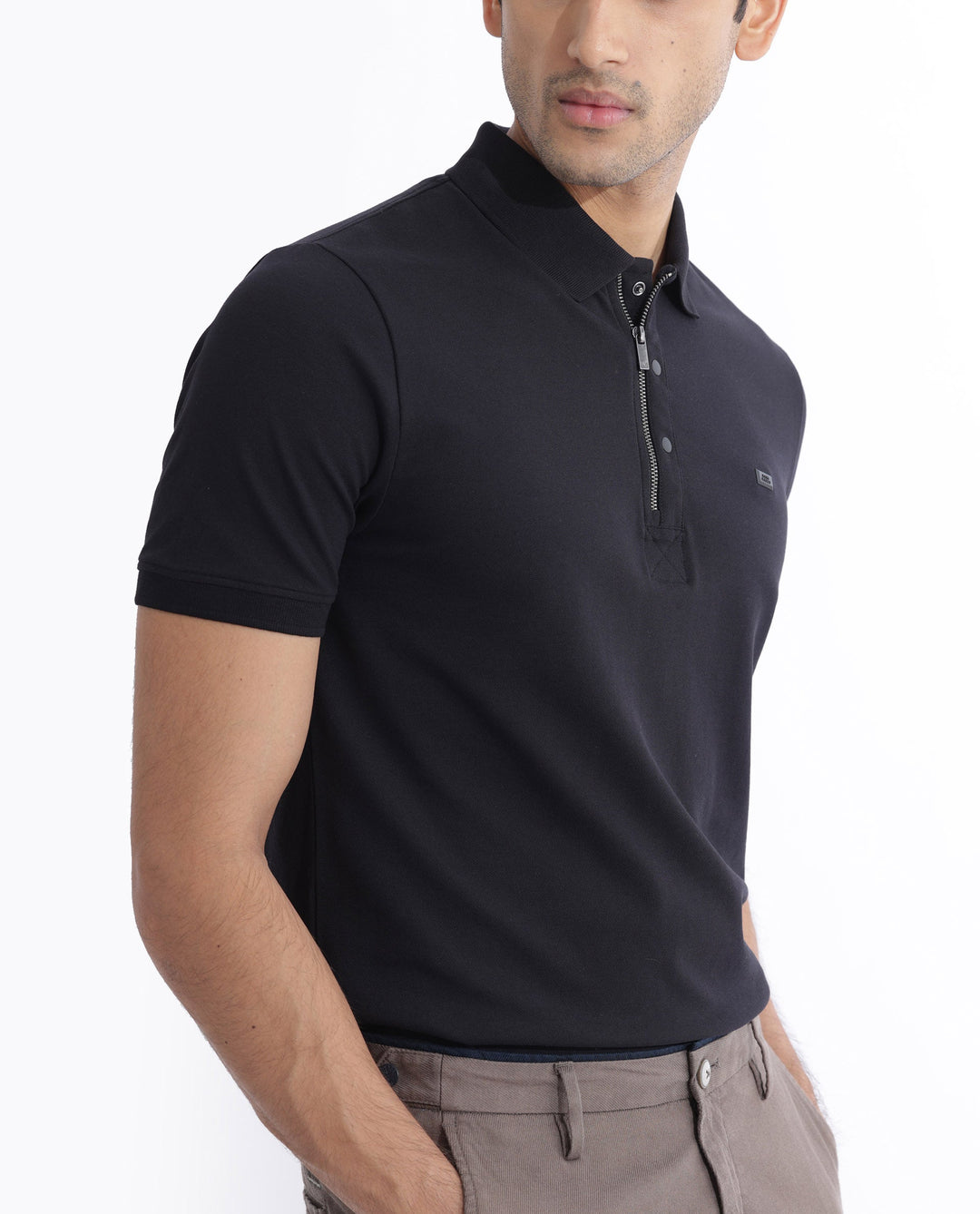 Rare Rabbit Men Salis-2 Black Cotton Fabric Collared Neck Zipper And Snap Button Closure Half Sleeves Polo T-Shirt