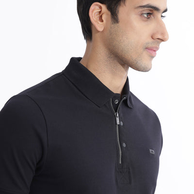 Rare Rabbit Men Salis-2 Black Cotton Fabric Collared Neck Zipper And Snap Button Closure Half Sleeves Polo T-Shirt