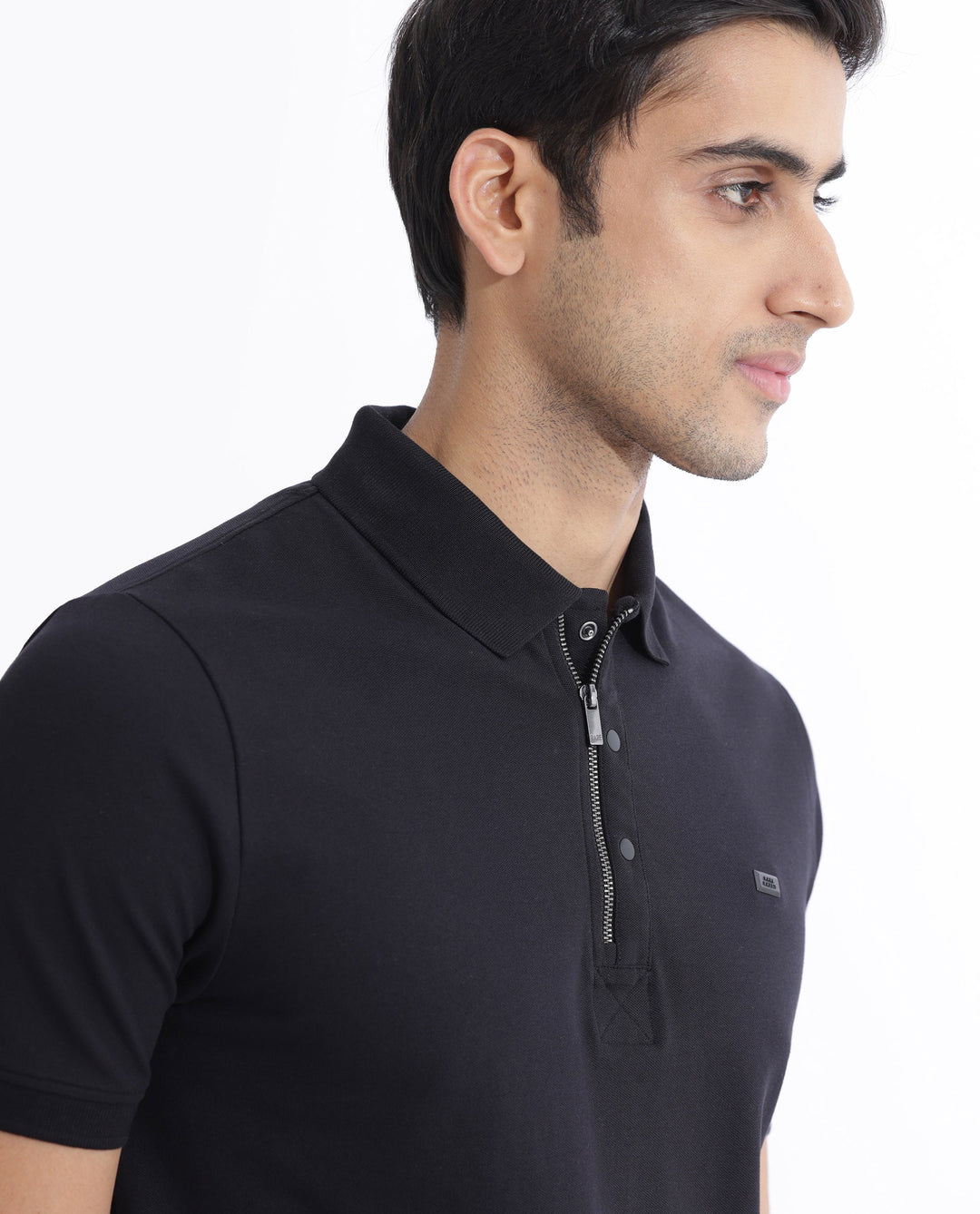 Rare Rabbit Men Salis-2 Black Cotton Fabric Collared Neck Zipper And Snap Button Closure Half Sleeves Polo T-Shirt