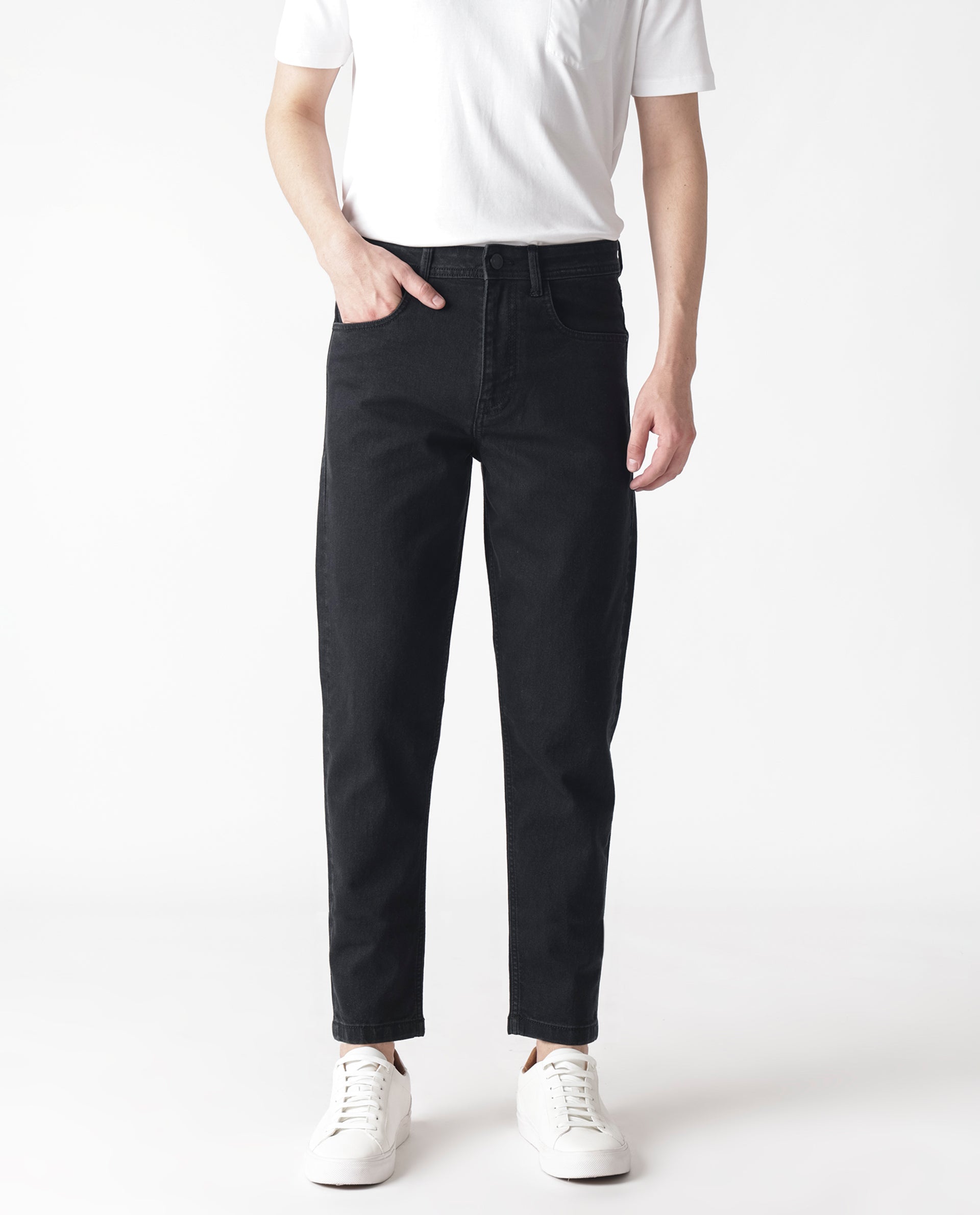 Rare Rabbit Men's Sam Black Dark Wash Mid-Rise Carrot Fit Jeans