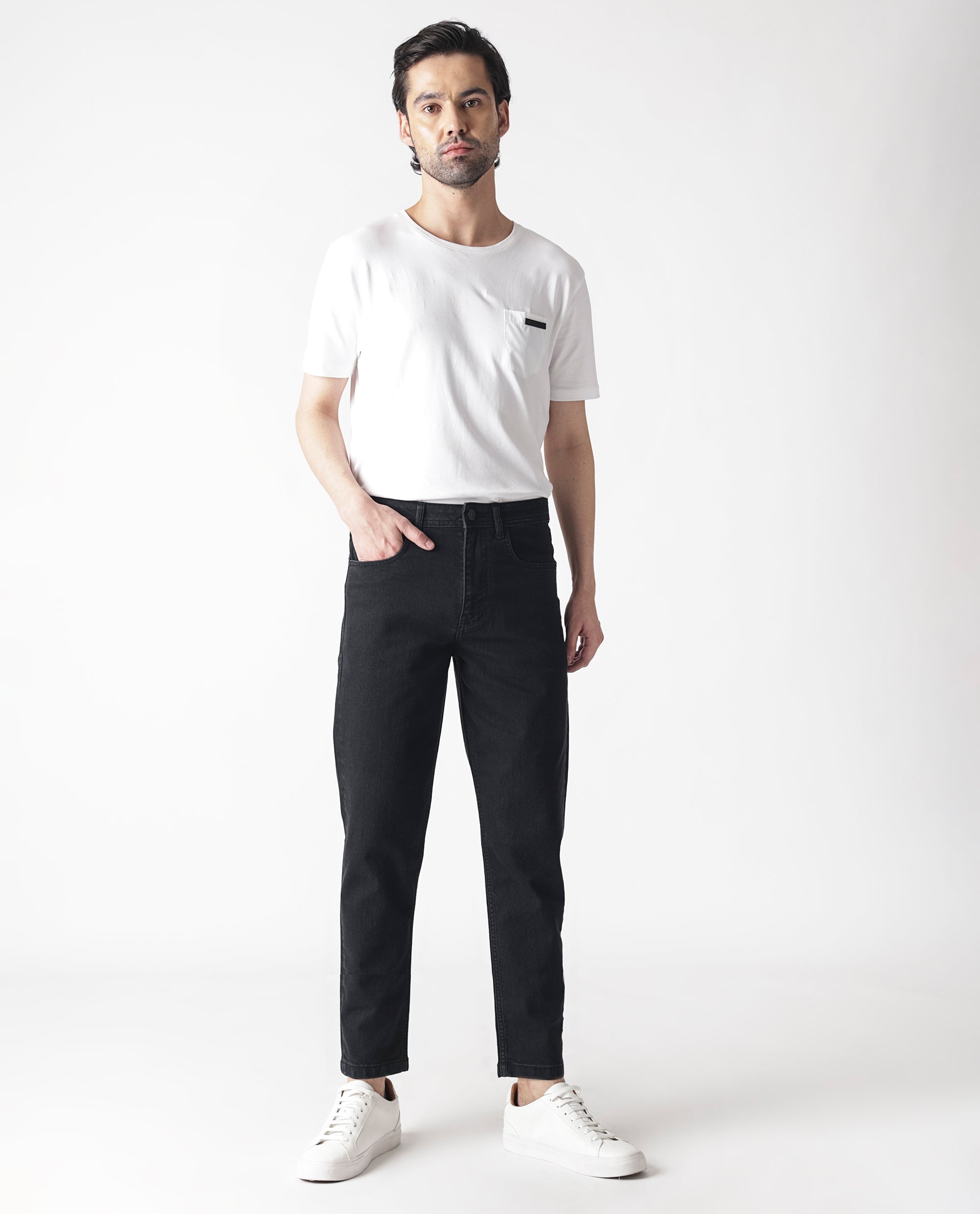 Rare Rabbit Men's Sam Black Dark Wash Mid-Rise Carrot Fit Jeans