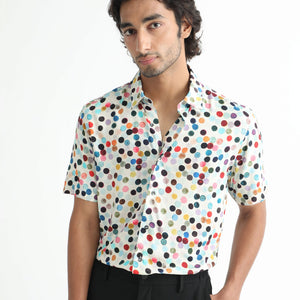 Rare Rabbit Men's Sara White Cotton Fabric Polka Print Half Sleeves Shirt