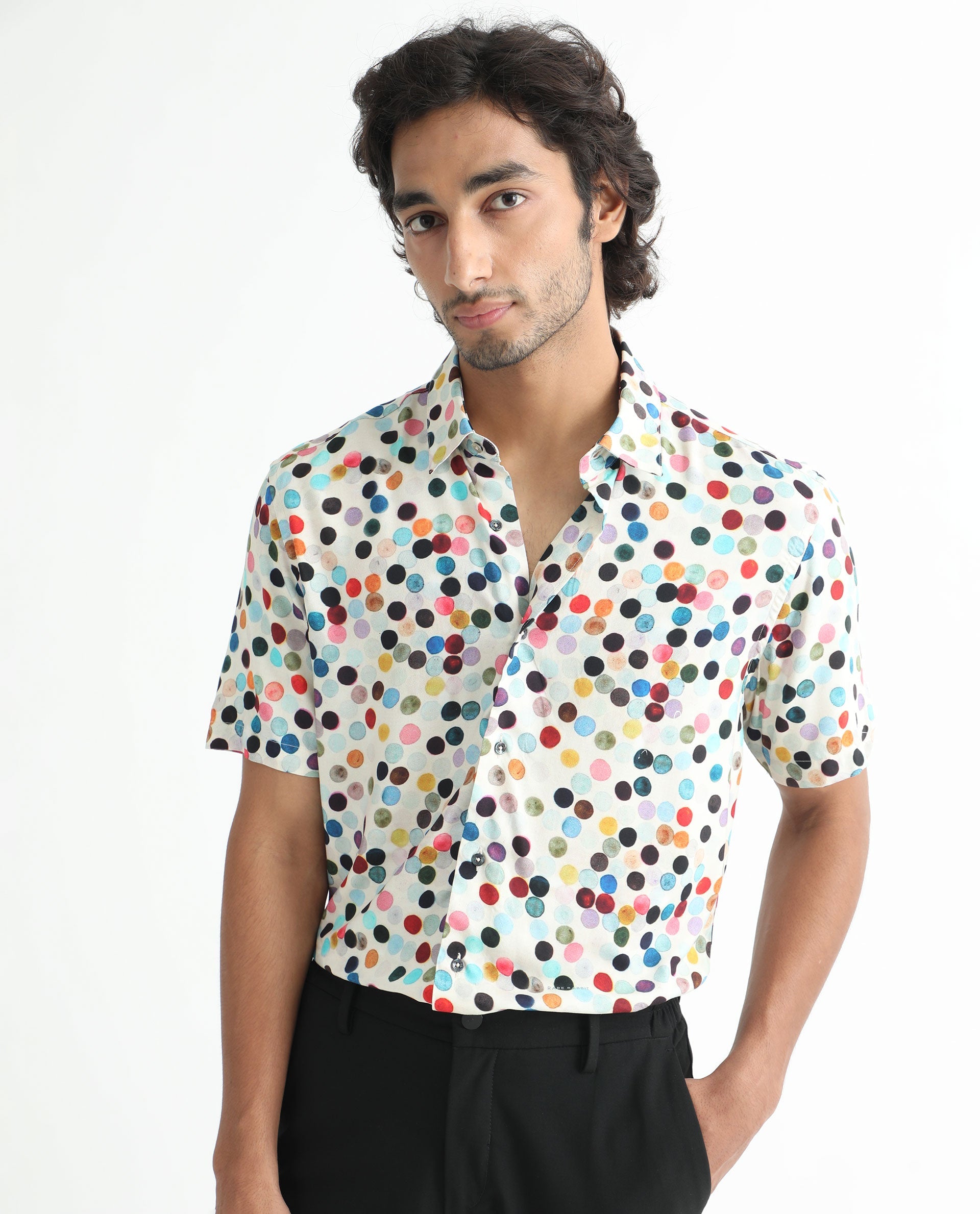 Rare Rabbit Men's Sara White Cotton Fabric Polka Print Half Sleeves Shirt