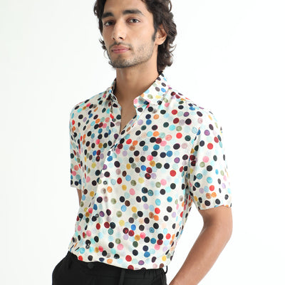 Rare Rabbit Men's Sara White Cotton Fabric Polka Print Half Sleeves Shirt