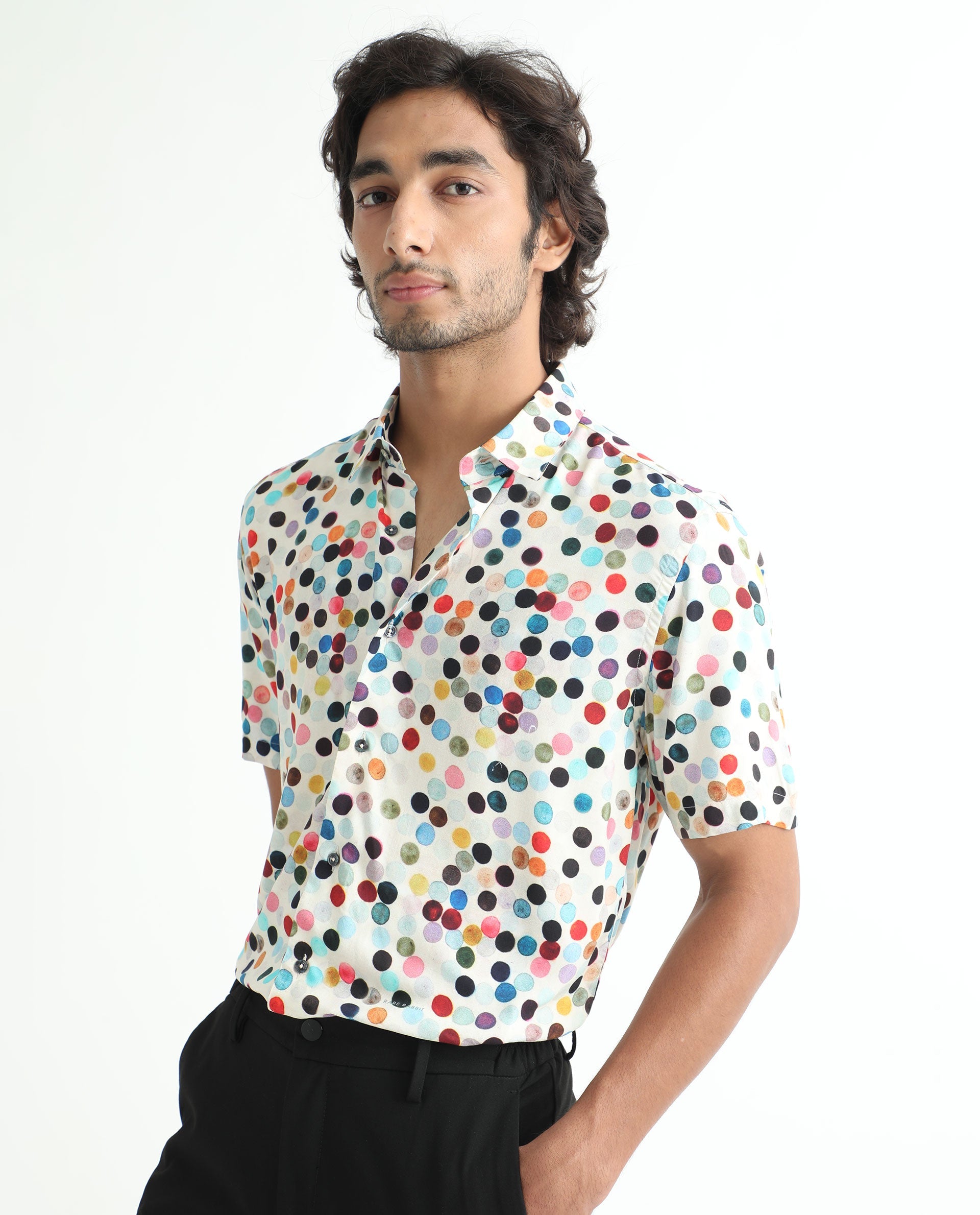 Rare Rabbit Men's Sara White Cotton Fabric Polka Print Half Sleeves Shirt