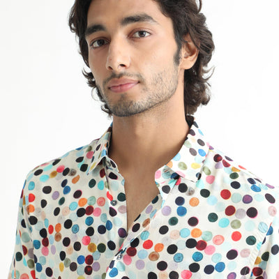 Rare Rabbit Men's Sara White Cotton Fabric Polka Print Half Sleeves Shirt