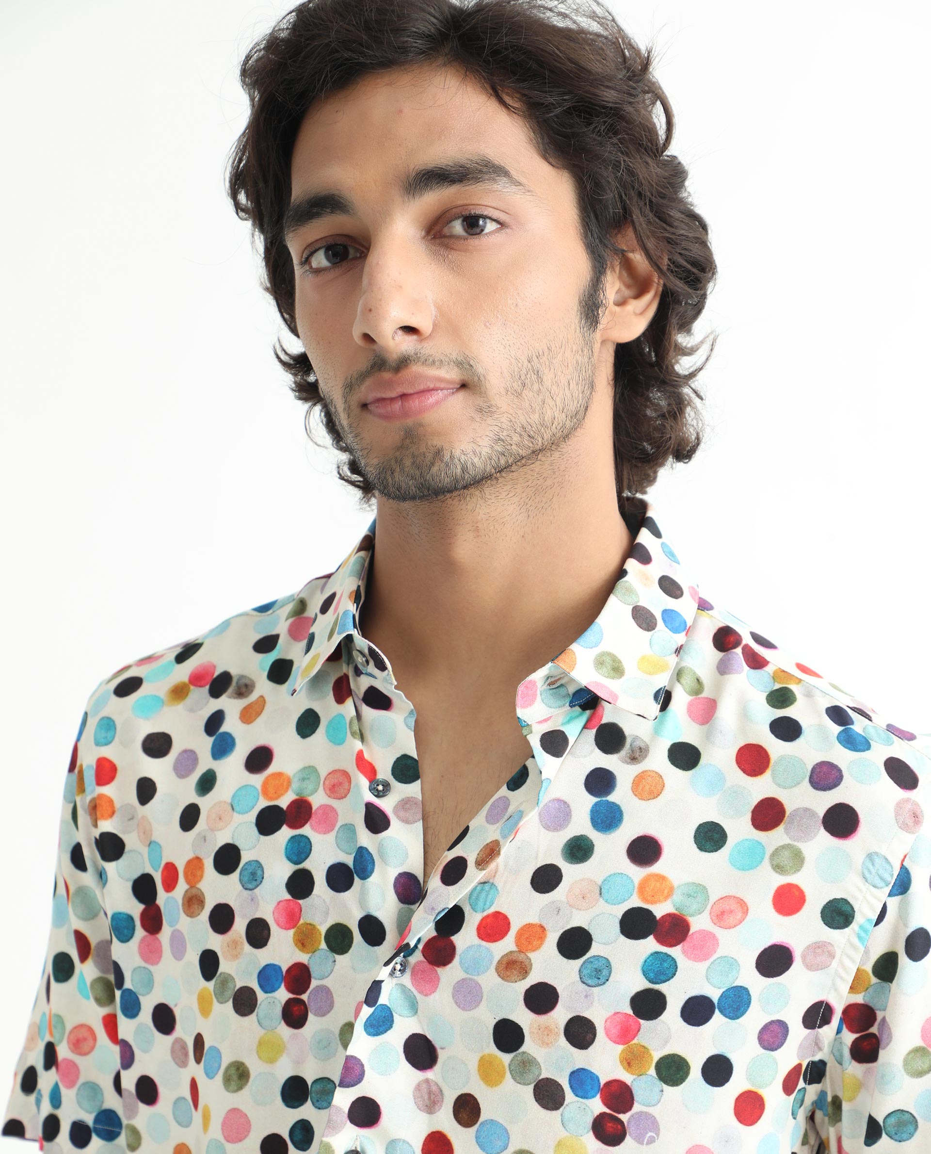 Rare Rabbit Men's Sara White Cotton Fabric Polka Print Half Sleeves Shirt