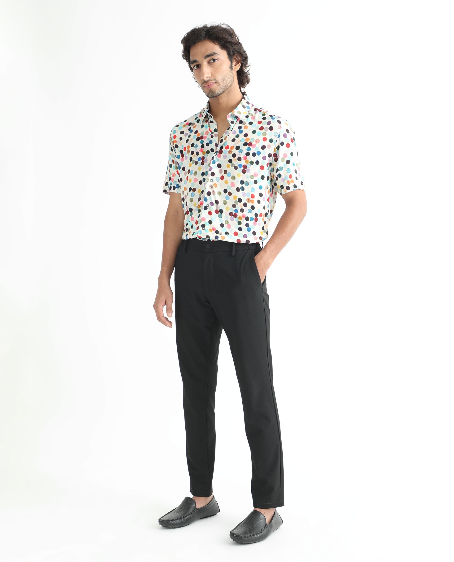 Rare Rabbit Men's Sara White Cotton Fabric Polka Print Half Sleeves Shirt