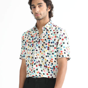 Rare Rabbit Men's Sara White Cotton Fabric Polka Print Half Sleeves Shirt