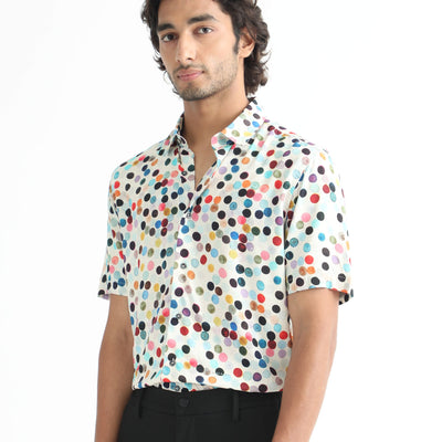 Rare Rabbit Men's Sara White Cotton Fabric Polka Print Half Sleeves Shirt