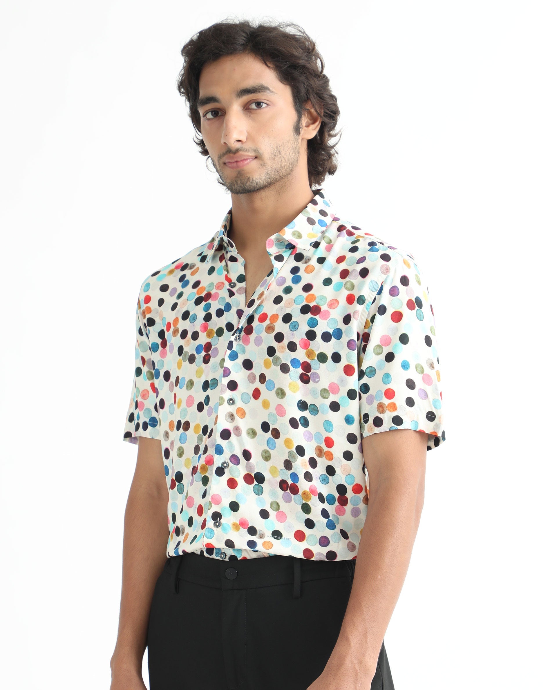 Rare Rabbit Men's Sara White Cotton Fabric Polka Print Half Sleeves Shirt