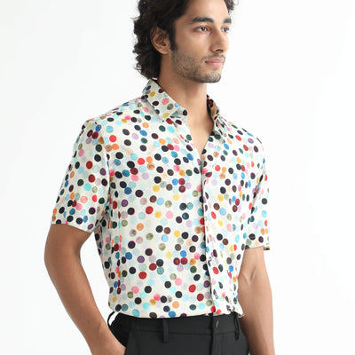 Rare Rabbit Men's Sara White Cotton Fabric Polka Print Half Sleeves Shirt