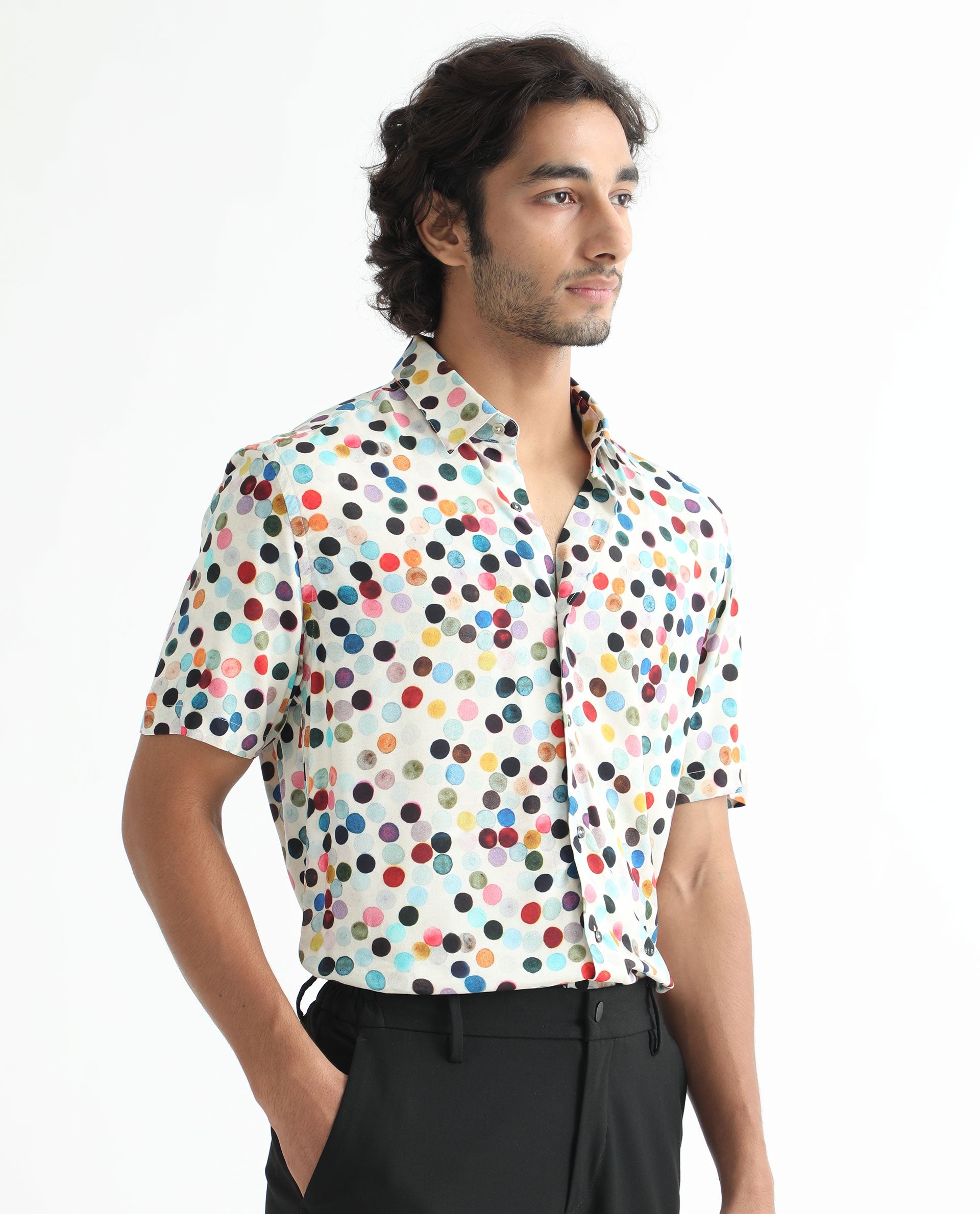 Rare Rabbit Men's Sara White Cotton Fabric Polka Print Half Sleeves Shirt