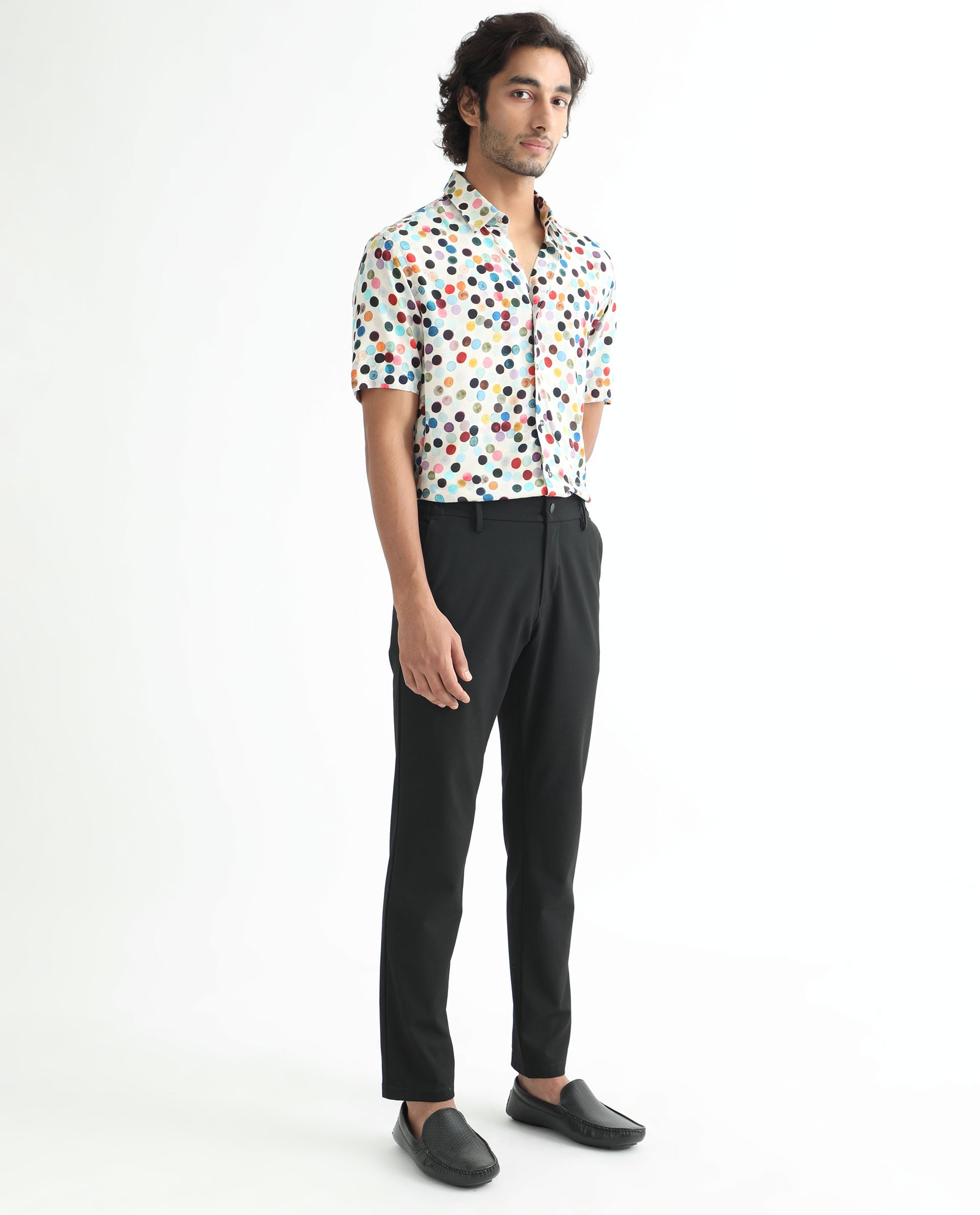 Rare Rabbit Men's Sara White Cotton Fabric Polka Print Half Sleeves Shirt