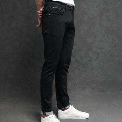 Rare Rabbit Men's Satinx Black Rinse Wash Mid-Rise Slim Fit Jeans