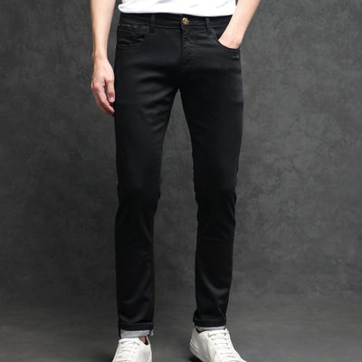 Rare Rabbit Men's Satinx Black Rinse Wash Mid-Rise Slim Fit Jeans