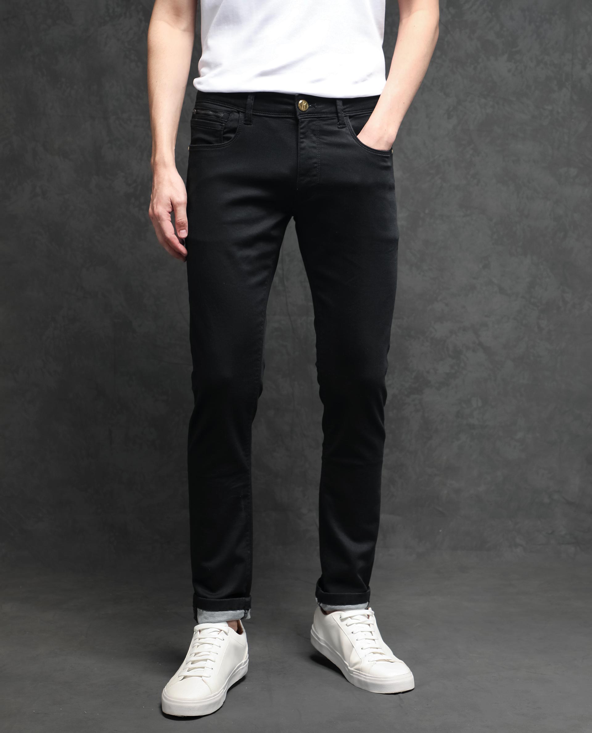 Rare Rabbit Men's Satinx Black Rinse Wash Mid-Rise Slim Fit Jeans