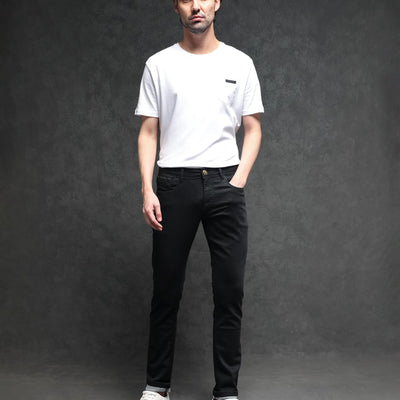 Rare Rabbit Men's Satinx Black Rinse Wash Mid-Rise Slim Fit Jeans