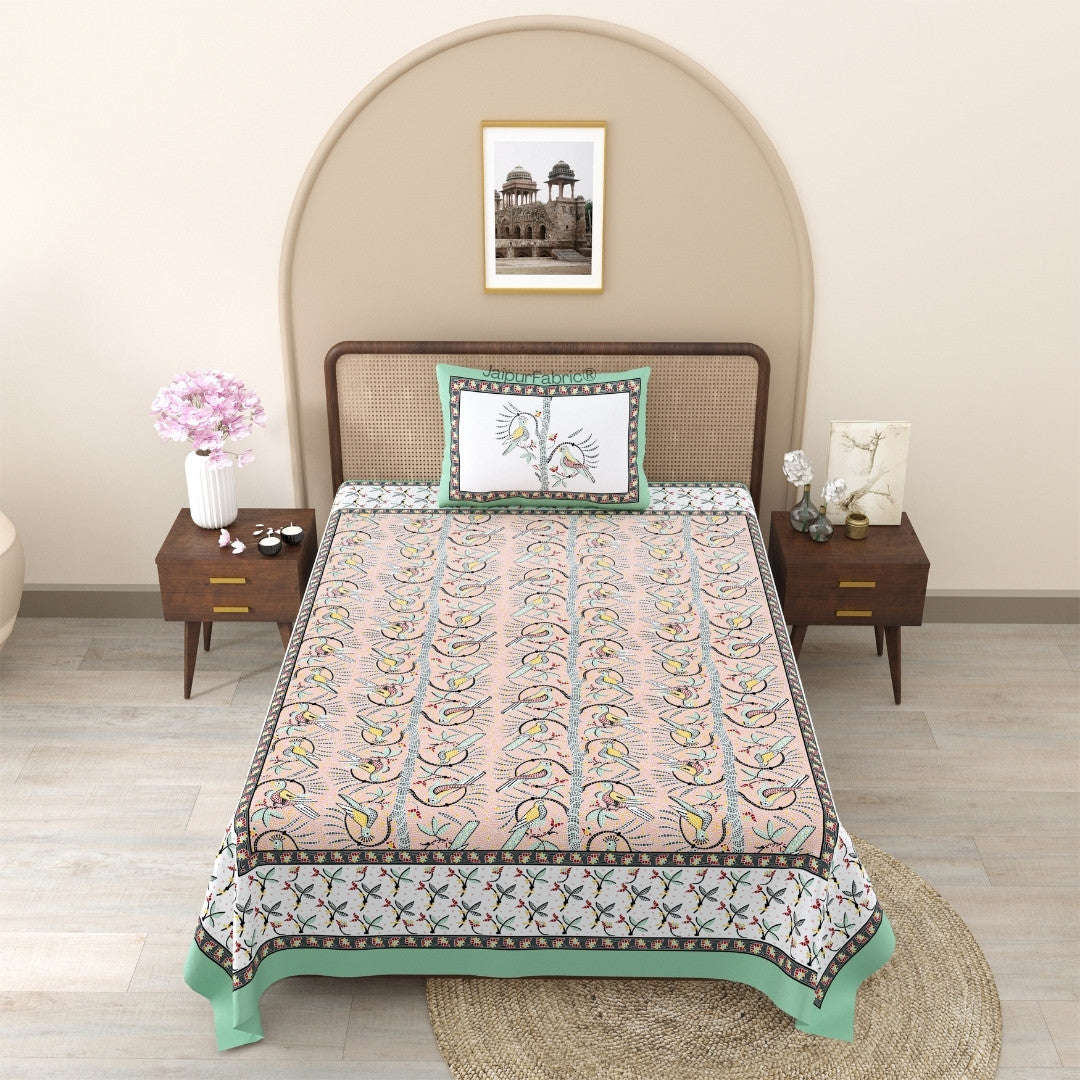 Perky Parrots Peach Pure Cotton Single Bedsheet