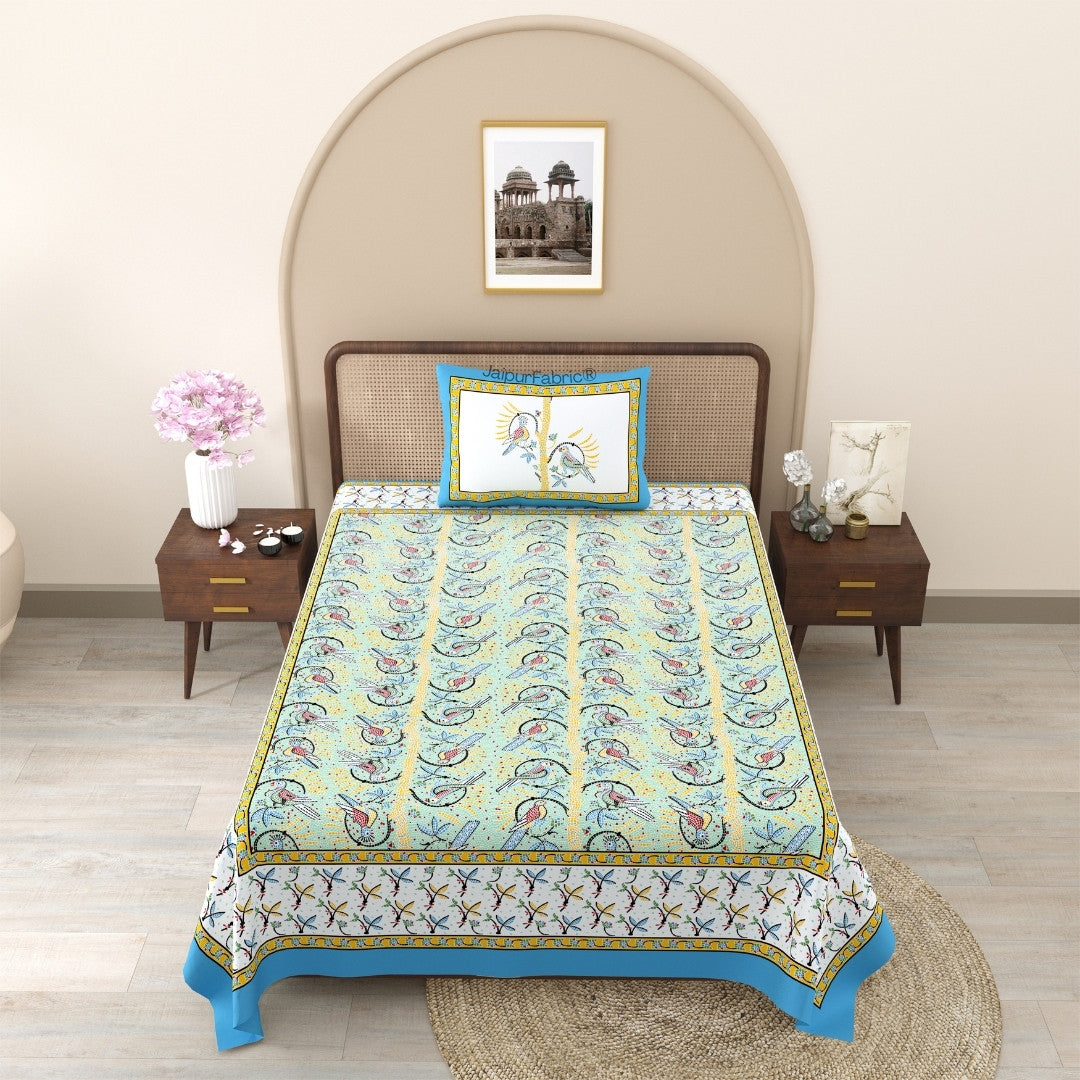 Perky Parrots Green Pure Cotton Single Bedsheet