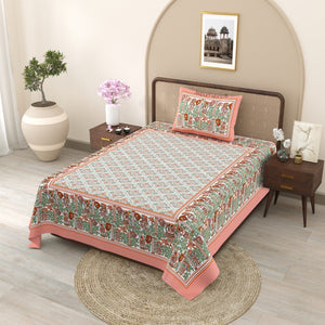 Pattachitra collection Peach and Green Double Bedsheet