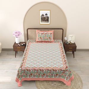 Pattachitra collection Peach and Green Double Bedsheet