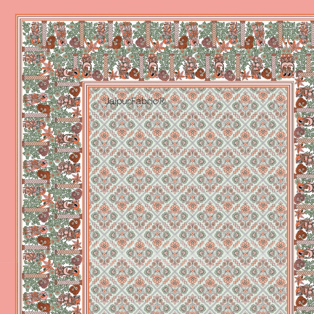 Pattachitra collection Peach and Green Double Bedsheet