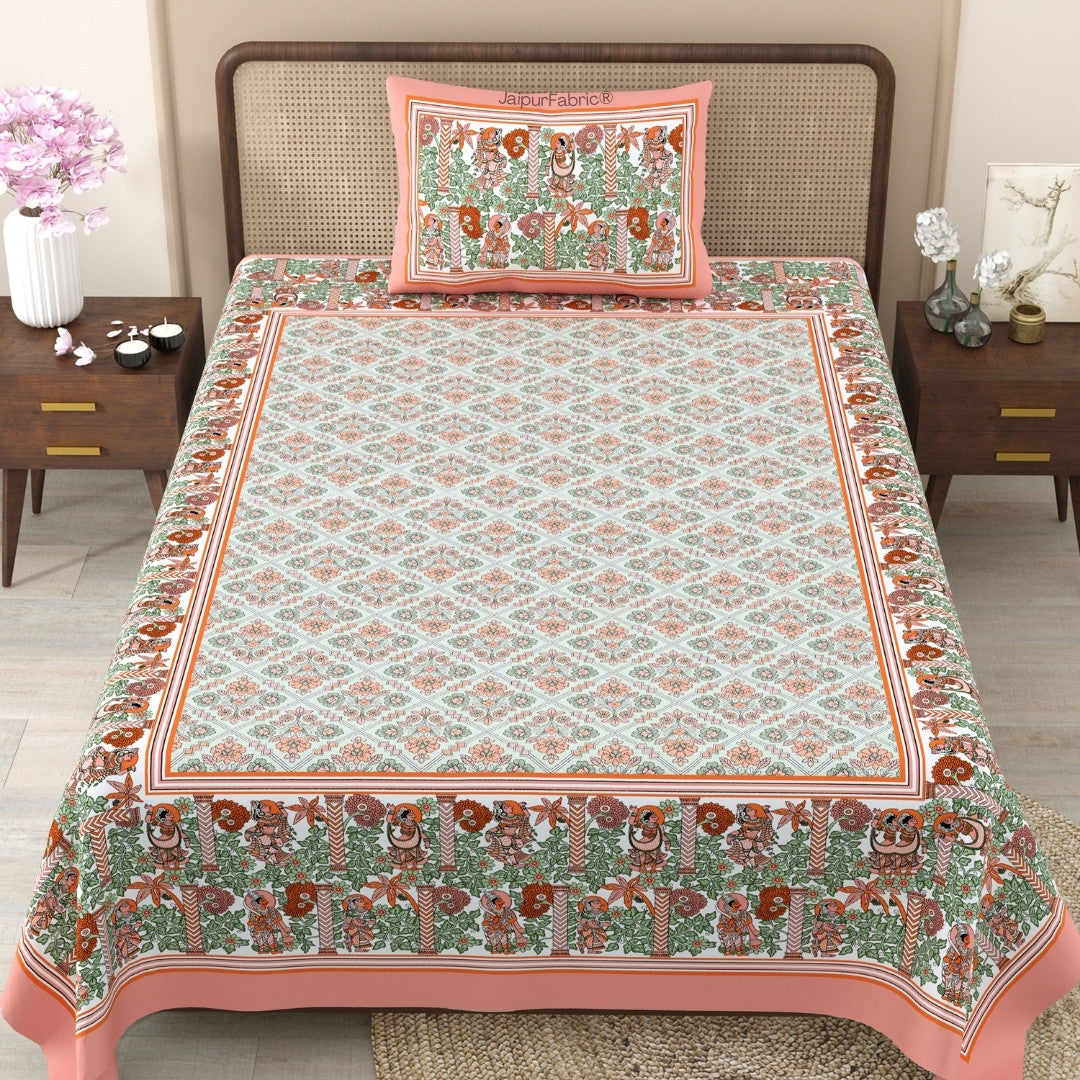 Pattachitra collection Peach and Green Double Bedsheet