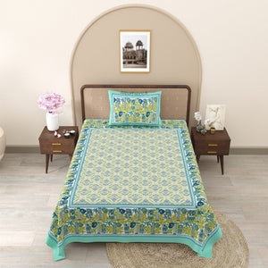 Pattachitra collection Seafoam Green and Yellow Double Bedsheet