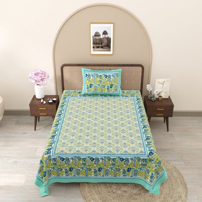Pattachitra collection Seafoam Green and Yellow Double Bedsheet