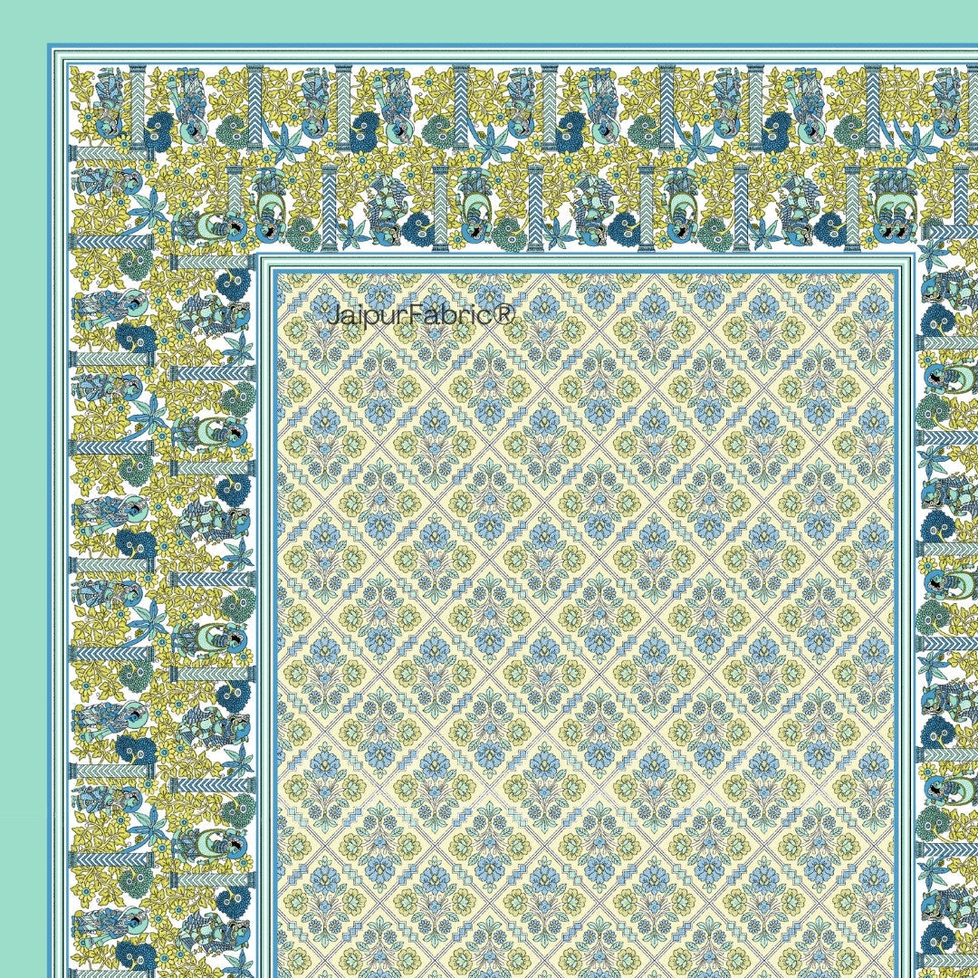 Pattachitra collection Seafoam Green and Yellow Double Bedsheet
