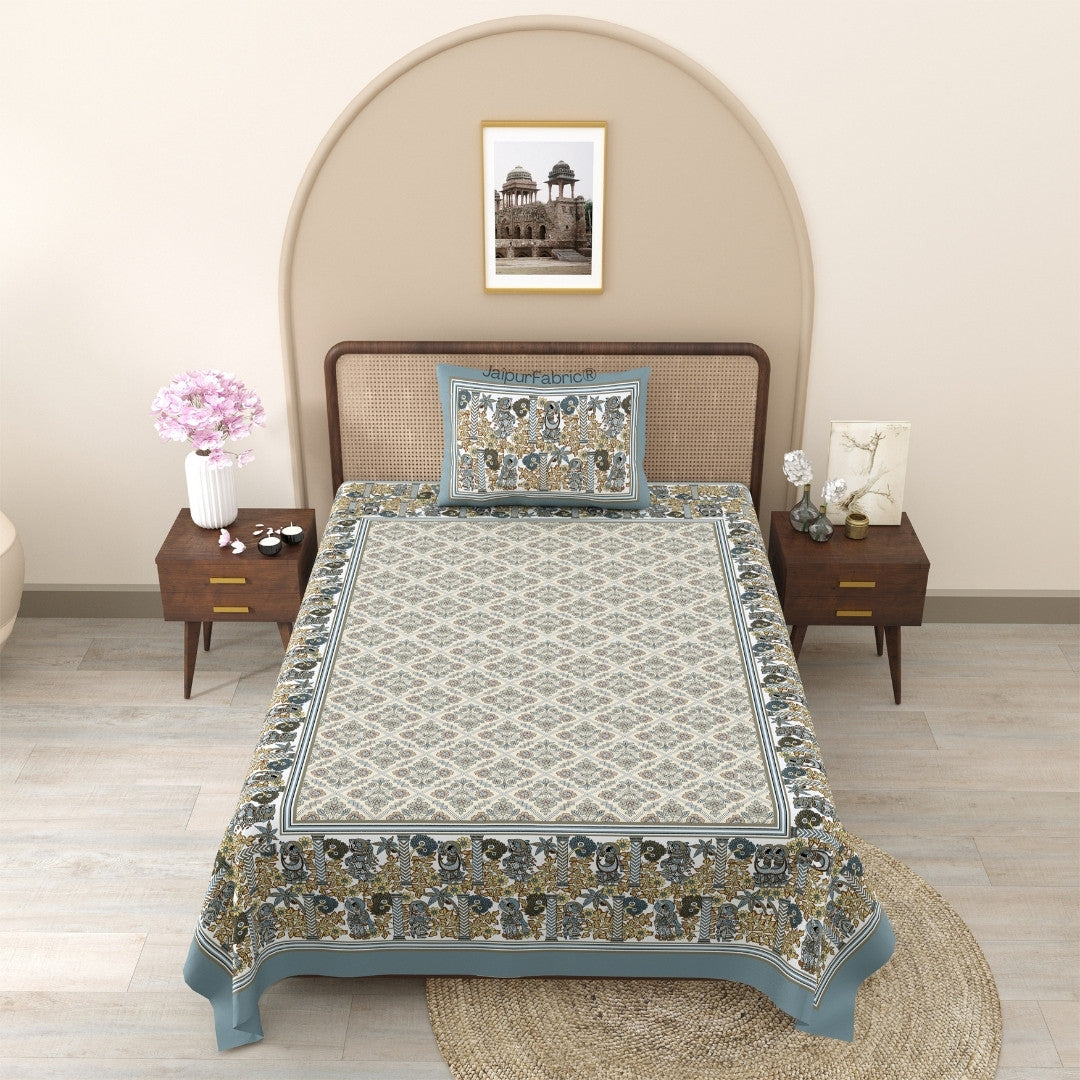 Pattachitra collection Grey and Golden Double Bedsheet