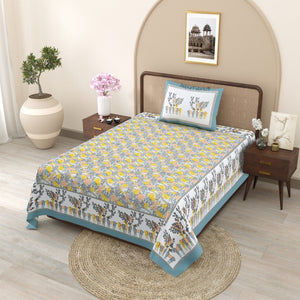 Deer Forest Yellow Pure Cotton Single Bedsheet