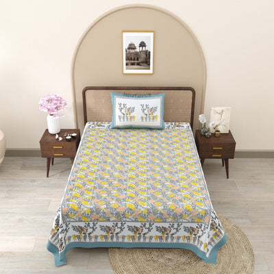 Deer Forest Yellow Pure Cotton Single Bedsheet