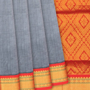 Grey Handloom Silk Cotton Saree With Contrast Red Border-Grey
