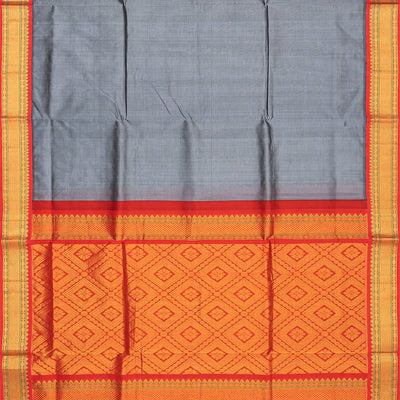Grey Handloom Silk Cotton Saree With Contrast Red Border-Grey