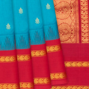 Cyan Handloom Silk Cotton Saree With Kalash Butta & Contrast Temple Border-Cyan