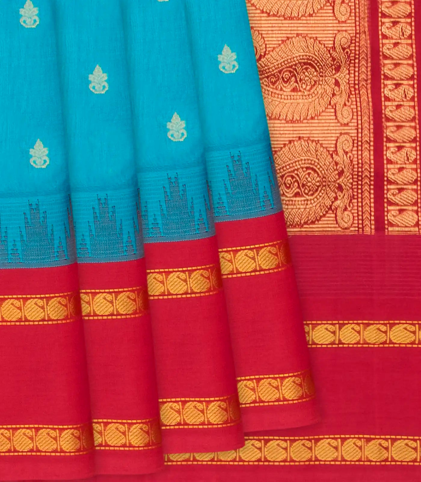 Cyan Handloom Silk Cotton Saree With Kalash Butta & Contrast Temple Border-Cyan