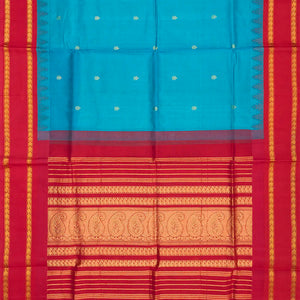 Cyan Handloom Silk Cotton Saree With Kalash Butta & Contrast Temple Border-Cyan