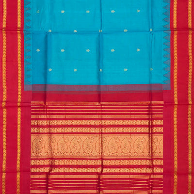 Cyan Handloom Silk Cotton Saree With Kalash Butta & Contrast Temple Border-Cyan