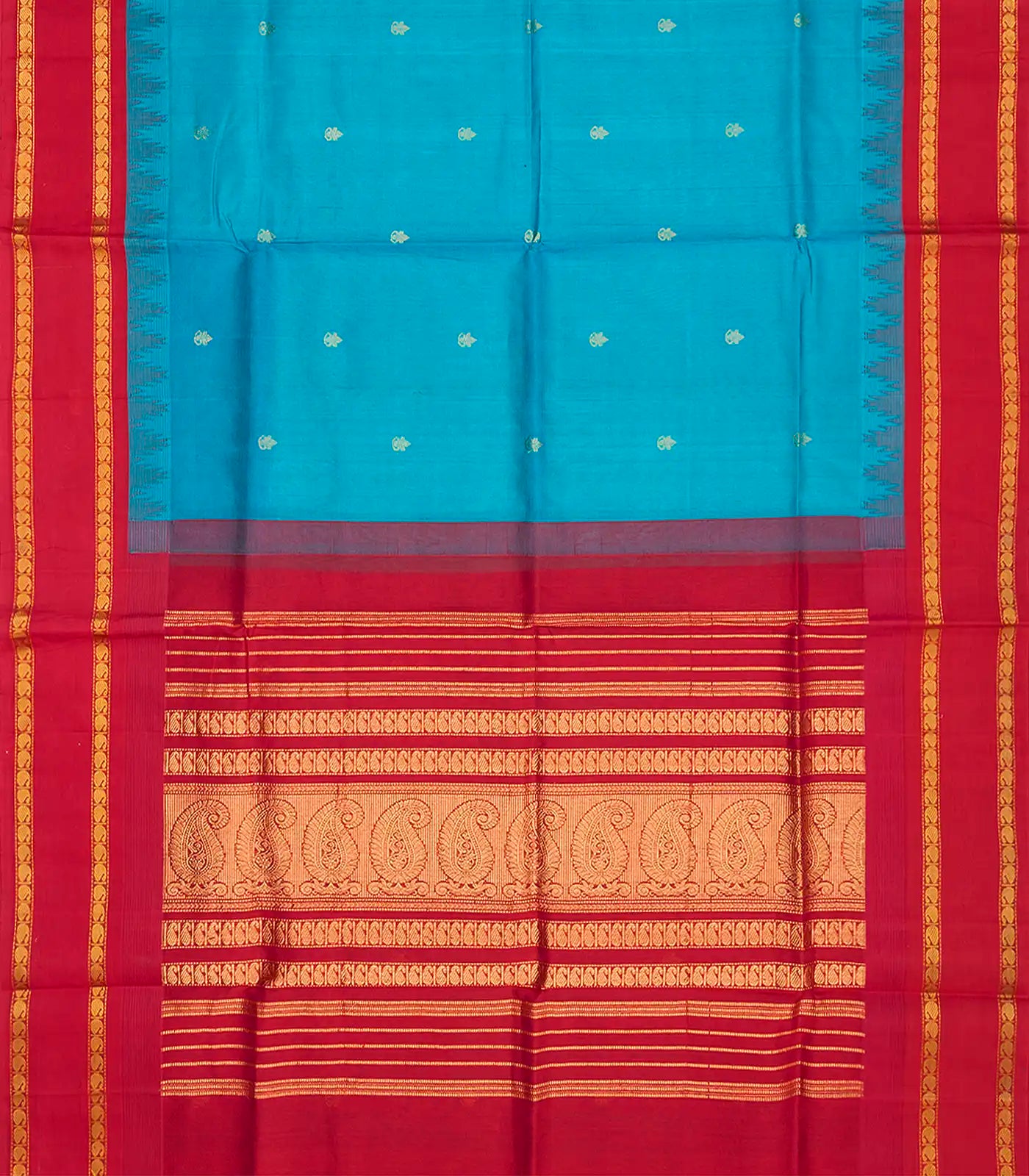 Cyan Handloom Silk Cotton Saree With Kalash Butta & Contrast Temple Border-Cyan