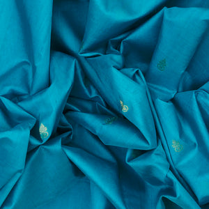 Cyan Handloom Silk Cotton Saree With Kalash Butta & Contrast Temple Border-Cyan