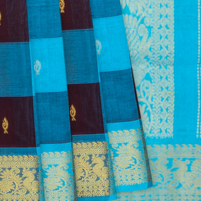 Cyan Handloom Silk Cotton Saree With Checks & Buttas-Cyan