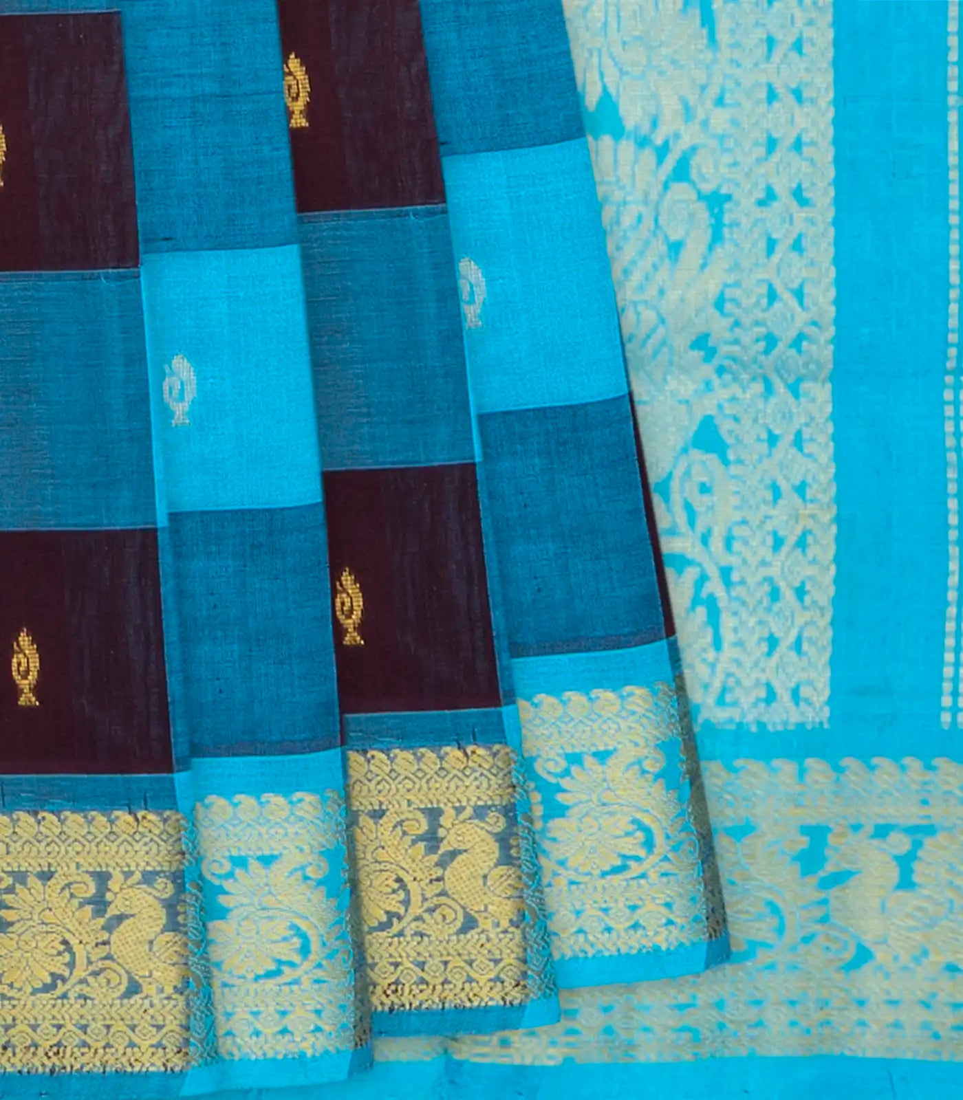Cyan Handloom Silk Cotton Saree With Checks & Buttas-Cyan