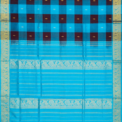 Cyan Handloom Silk Cotton Saree With Checks & Buttas-Cyan