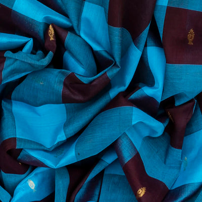 Cyan Handloom Silk Cotton Saree With Checks & Buttas-Cyan
