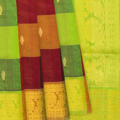 Green Handloom Silk Cotton Saree With Checks & Buttas-Green