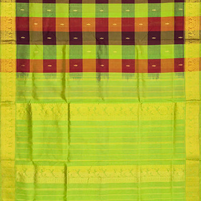 Green Handloom Silk Cotton Saree With Checks & Buttas-Green