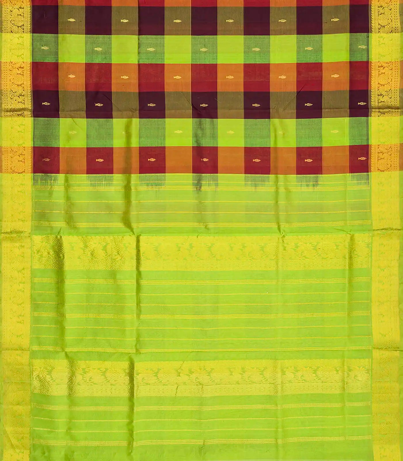 Green Handloom Silk Cotton Saree With Checks & Buttas-Green