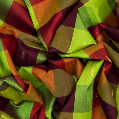 Green Handloom Silk Cotton Saree With Checks & Buttas-Green